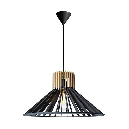 Bright Star Wooden Cone Pendant Lamp – Black And Warm Wood Tone 1