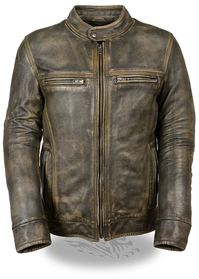 Men'S Distressed Brown Scooter Jacket With Triple-Stitch Reinforcement 1