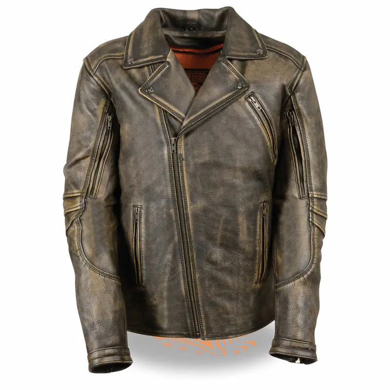 Men’S Distressed Brown Triple-Stitch Biker Jacket – Extra-Long Fit, No Belt Required 1