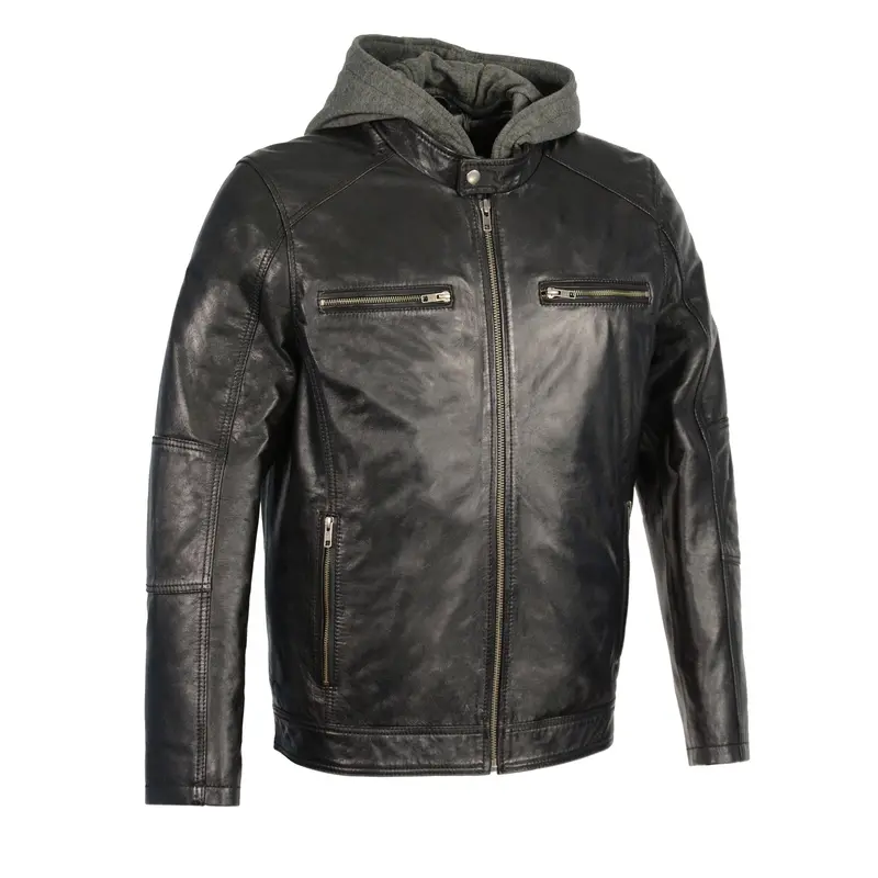 Men’S Snap-Collar Biker Jacket With Detachable Hood – Two-Tone Leather Finish 1