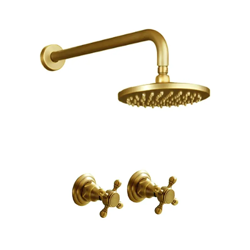 Vintage-Inspired Brushed Gold Shower Controls With Antique Handles 1